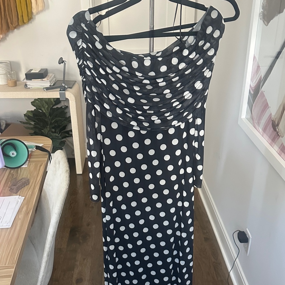 AFRM Black and White Polka Dot Draped Off-Shoulder Dress